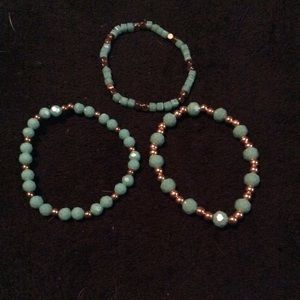 3 Teal and Gold Stretchy Bracelets